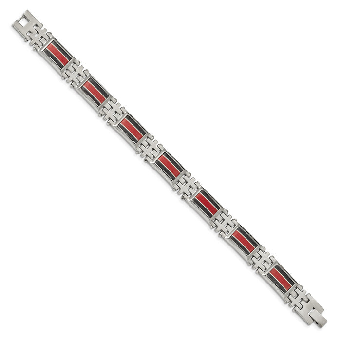 Chisel Brand Jewelry, Stainless Steel Polished Black Carbon Fiber/Red Fiber Glass Inlay Bracelet