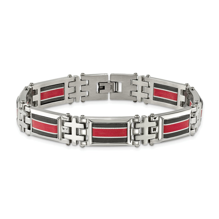 Chisel Brand Jewelry, Stainless Steel Polished Black Carbon Fiber/Red Fiber Glass Inlay Bracelet