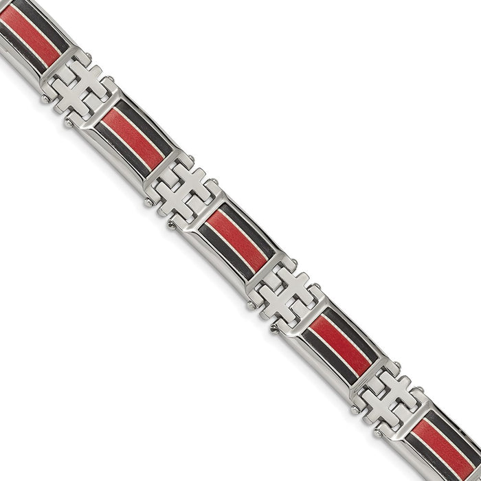 Chisel Brand Jewelry, Stainless Steel Polished Black Carbon Fiber/Red Fiber Glass Inlay Bracelet