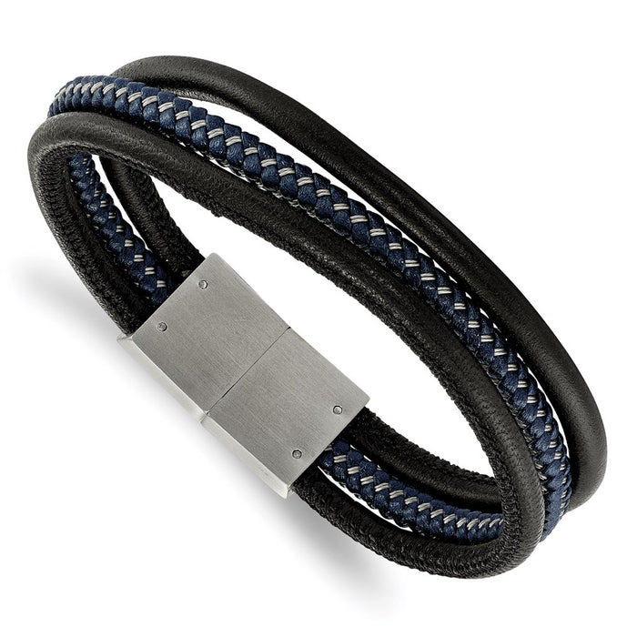 Chisel Brand Jewelry, Stainless Steel Brushed Black & Blue Braided Leather Multi 8in Bracelet