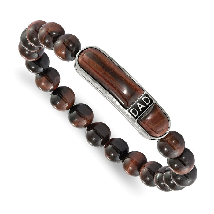 Chisel Brand Jewelry, Stainless Steel Polished Enameled Tiger's Eye Beaded DAD Stretch Bracelet