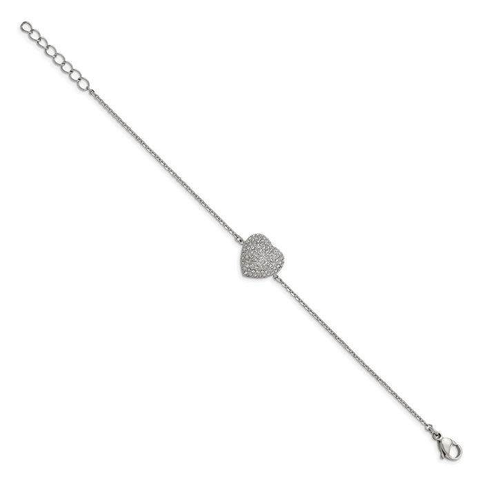 Chisel Brand Jewelry, Stainless Steel Polished with Preciosa Crystal Heart with 1 inch ext. Bracelet