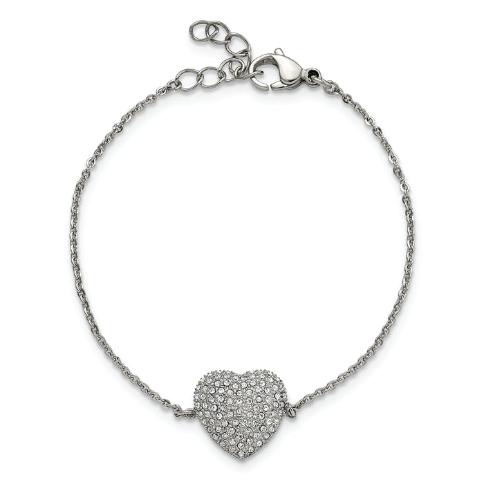 Chisel Brand Jewelry, Stainless Steel Polished with Preciosa Crystal Heart with 1 inch ext. Bracelet