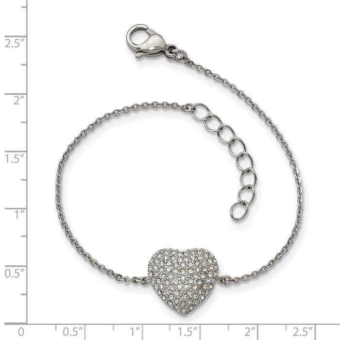 Chisel Brand Jewelry, Stainless Steel Polished with Preciosa Crystal Heart with 1 inch ext. Bracelet