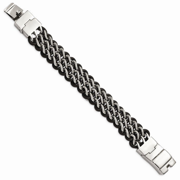 Chisel Brand Jewelry, Stainless Steel Polished Black Leather Men's Bracelet