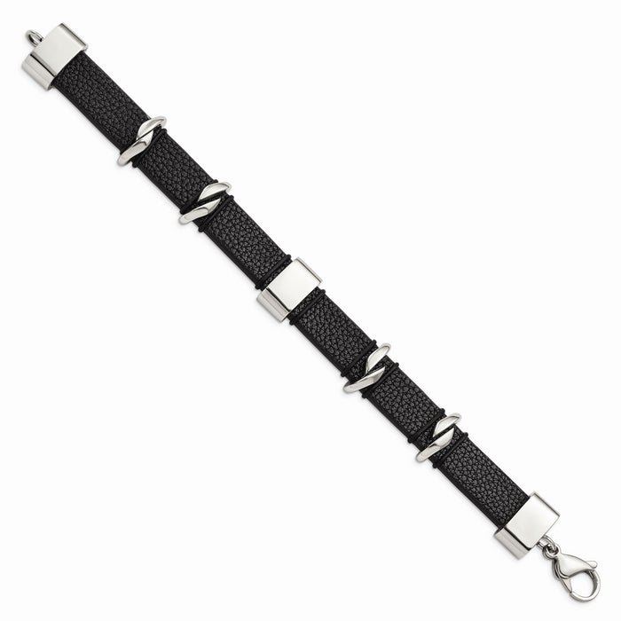 Chisel Brand Jewelry, Stainless Steel Polished Black Leather Men's Bracelet