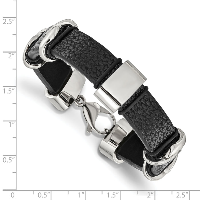 Chisel Brand Jewelry, Stainless Steel Polished Black Leather Men's Bracelet