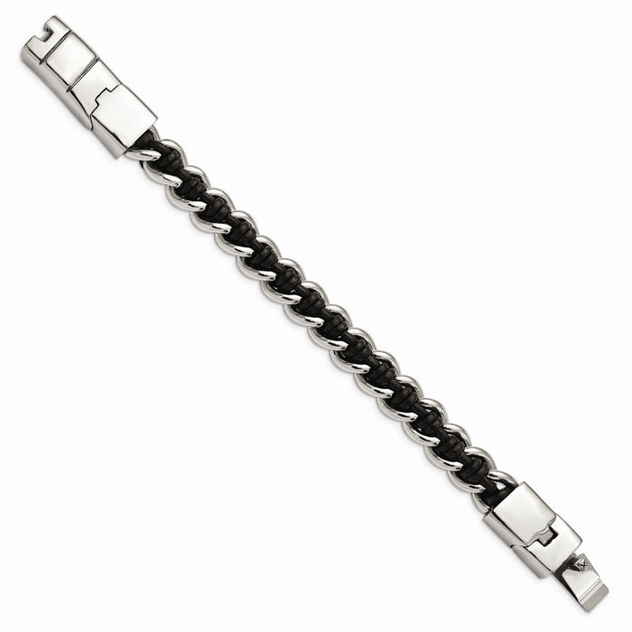 Chisel Brand Jewelry, Stainless Steel Polished Black Leather 8.5in Men's Bracelet