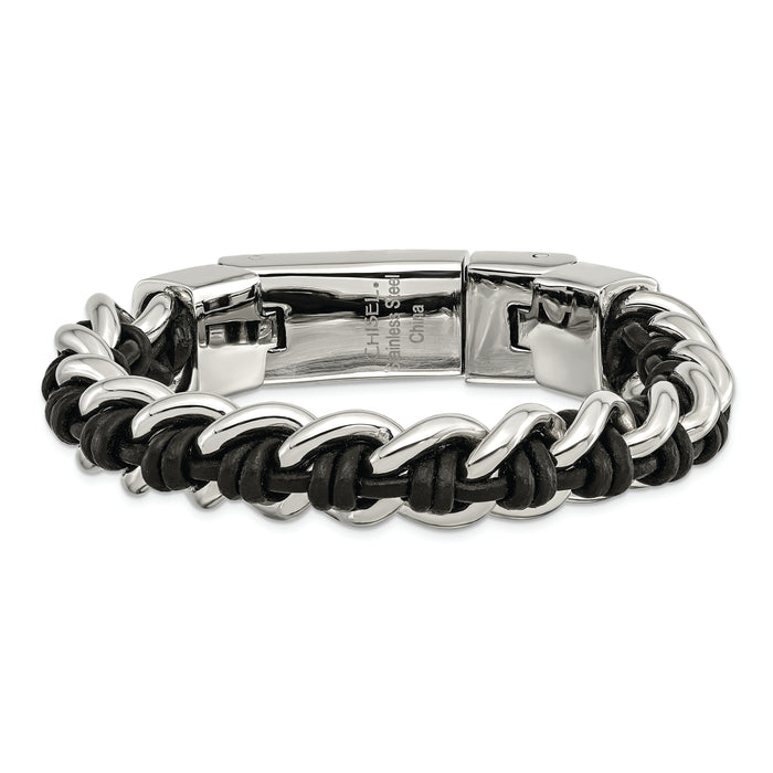 Chisel Brand Jewelry, Stainless Steel Polished Black Leather 8.5in Men's Bracelet