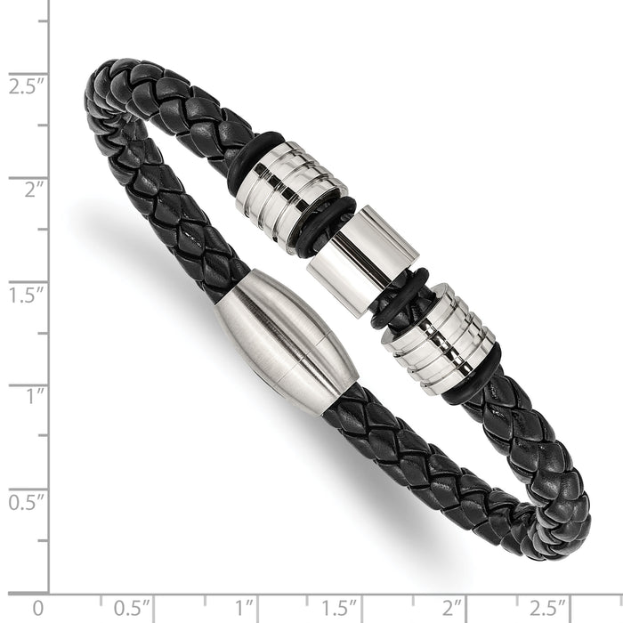 Chisel Brand Jewelry, Stainless Steel Polished and Brushed Leather Men's Bracelet