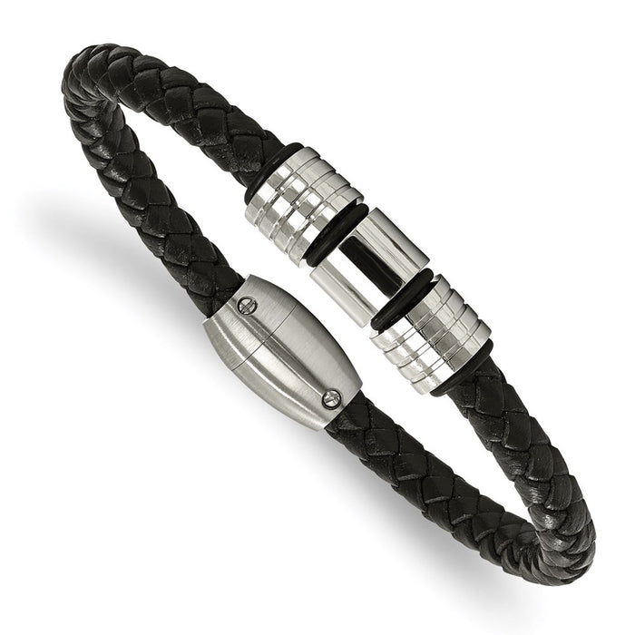 Chisel Brand Jewelry, Stainless Steel Polished and Brushed Leather Men's Bracelet