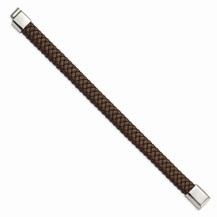 Chisel Brand Jewelry, Stainless Steel Polished Braided Brown Leather Bracelet