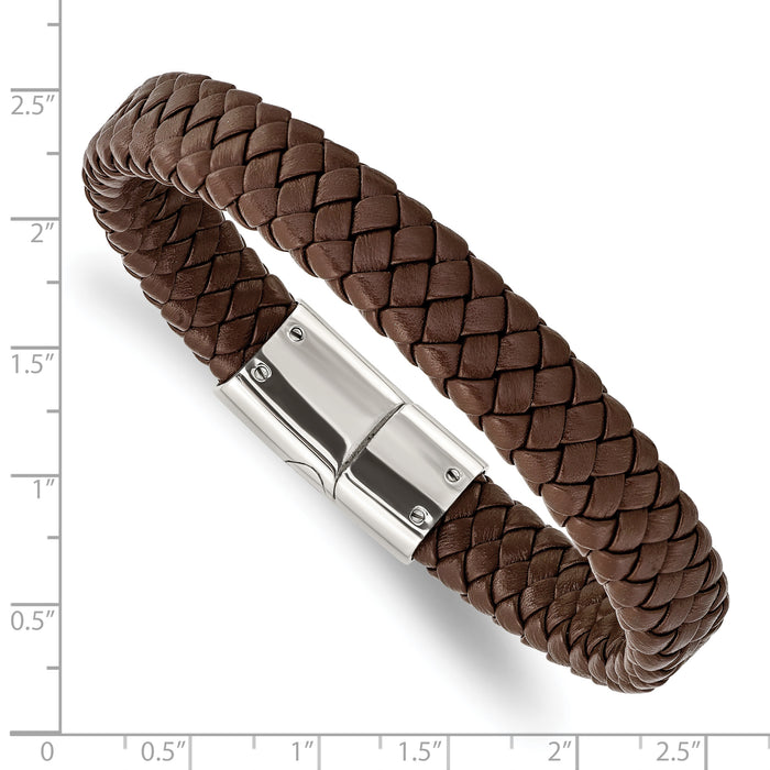 Chisel Brand Jewelry, Stainless Steel Polished Braided Brown Leather Bracelet