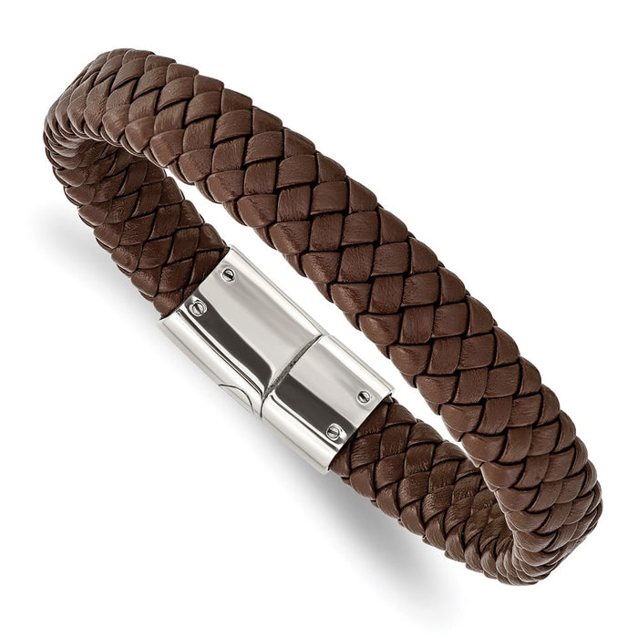 Chisel Brand Jewelry, Stainless Steel Polished Braided Brown Leather Bracelet