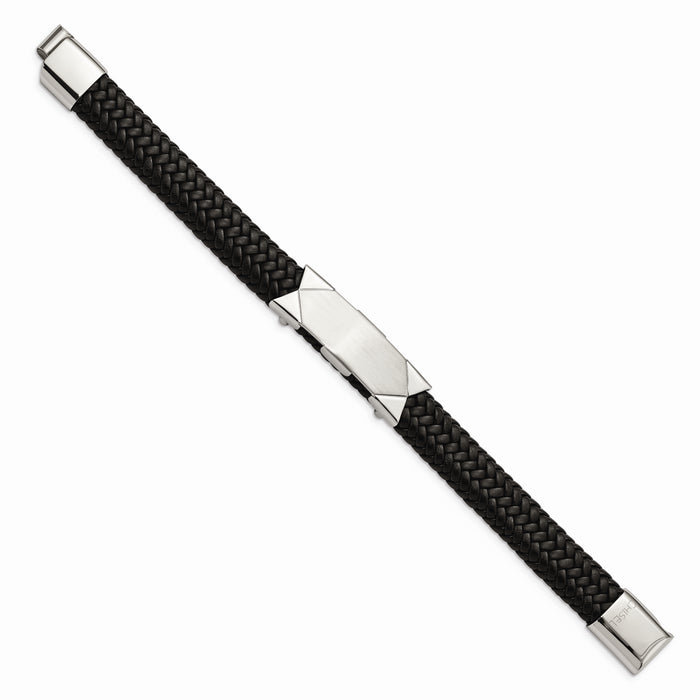 Chisel Brand Jewelry, Stainless Steel Brushed and Polished Black Leather 8.5in ID Men's Bracelet