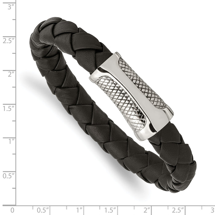 Chisel Brand Jewelry, Stainless Steel Polished Black Leather Textured Men's Bracelet