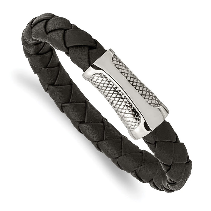 Chisel Brand Jewelry, Stainless Steel Polished Black Leather Textured Men's Bracelet