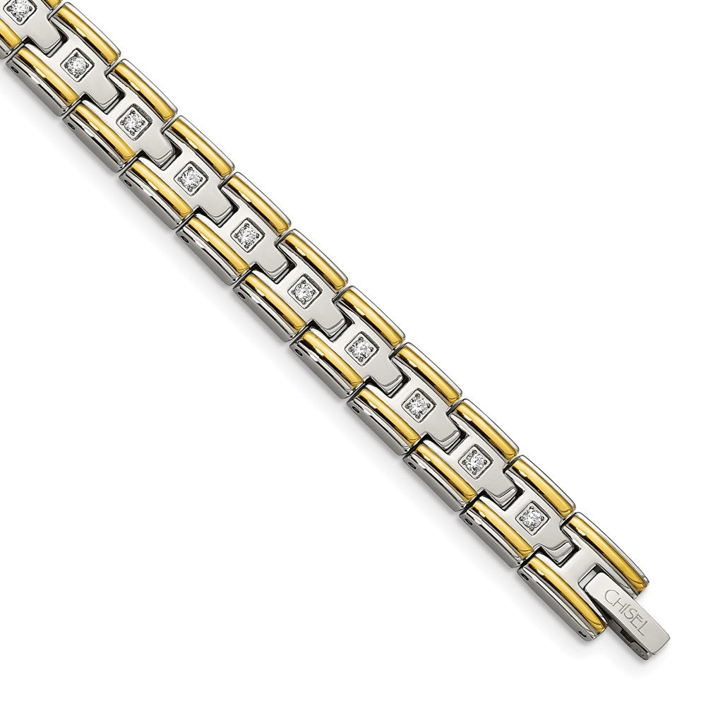Chisel Brand Jewelry, Stainless Steel Polished Yellow IP CZ 8.50in Link Men's Bracelet