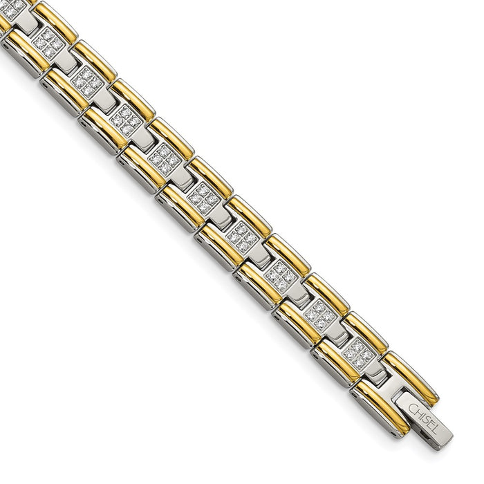 Chisel Brand Jewelry, Stainless Steel Polished Yellow IP CZ 8.50in Link Men's Bracelet