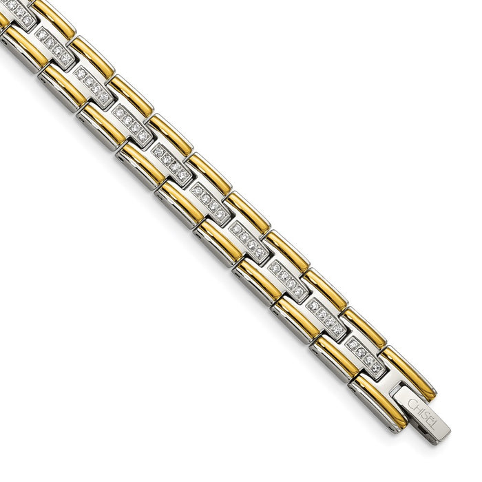 Chisel Brand Jewelry, Stainless Steel Polished Yellow IP CZ 8.50in Link Men's Bracelet