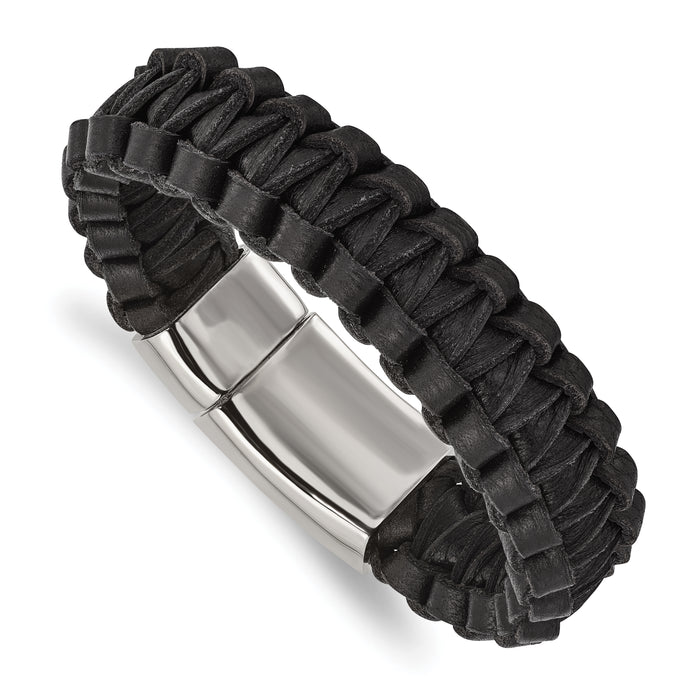 Chisel Brand Jewelry, Stainless Steel Polished Flat Braided Black Leather Men's Bracelet