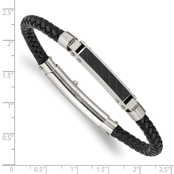 Chisel Brand Jewelry, Stainless Steel Polished Black Leather Black IP Adj. Bracelet