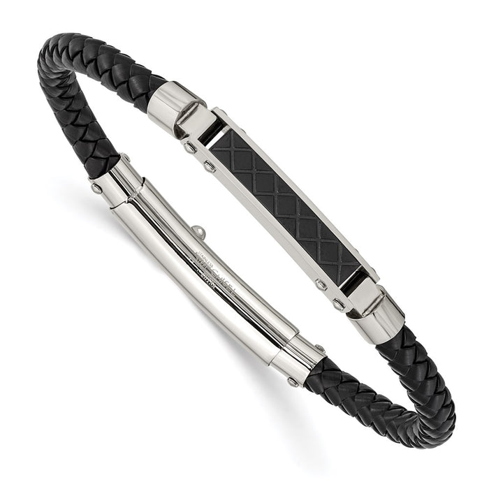 Chisel Brand Jewelry, Stainless Steel Polished Black Leather Black IP Adj. Bracelet