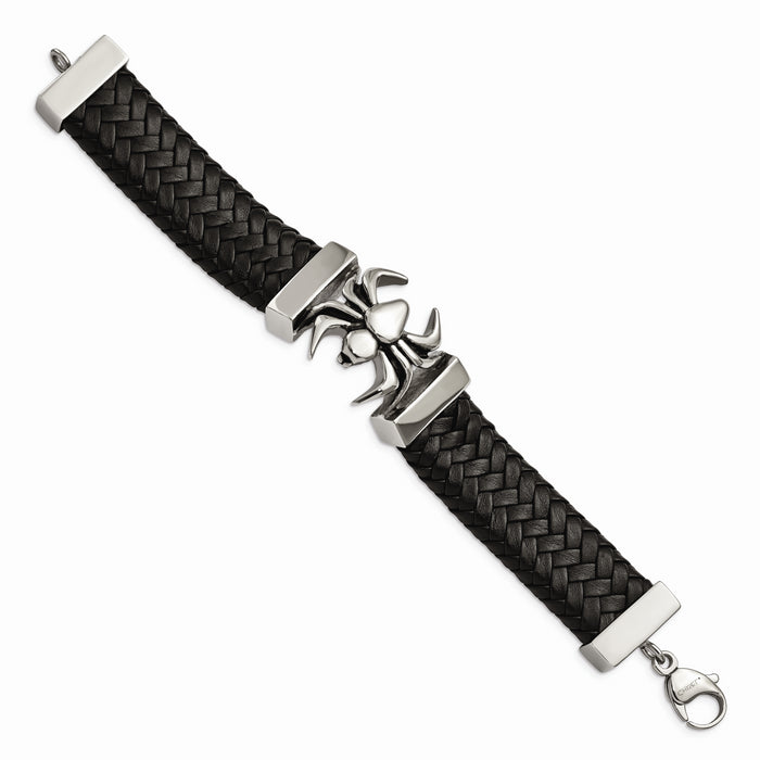 Chisel Brand Jewelry, Stainless Steel Polished Antiqued Black Leather Spider Men's Bracelet
