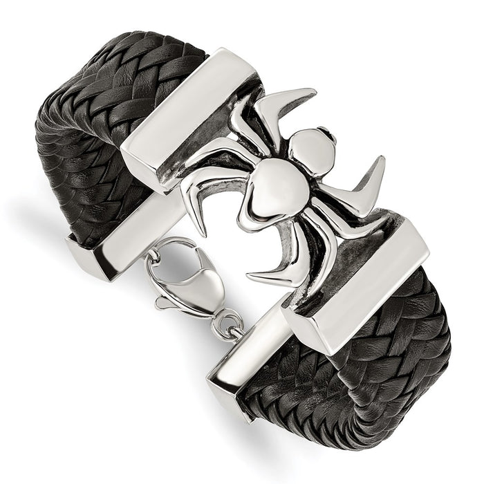 Chisel Brand Jewelry, Stainless Steel Polished Antiqued Black Leather Spider Men's Bracelet
