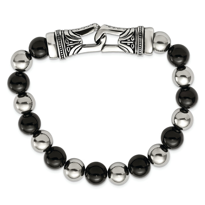 Chisel Brand Jewelry, Stainless Steel Polished Antiqued Black Agate Stretch Bracelet