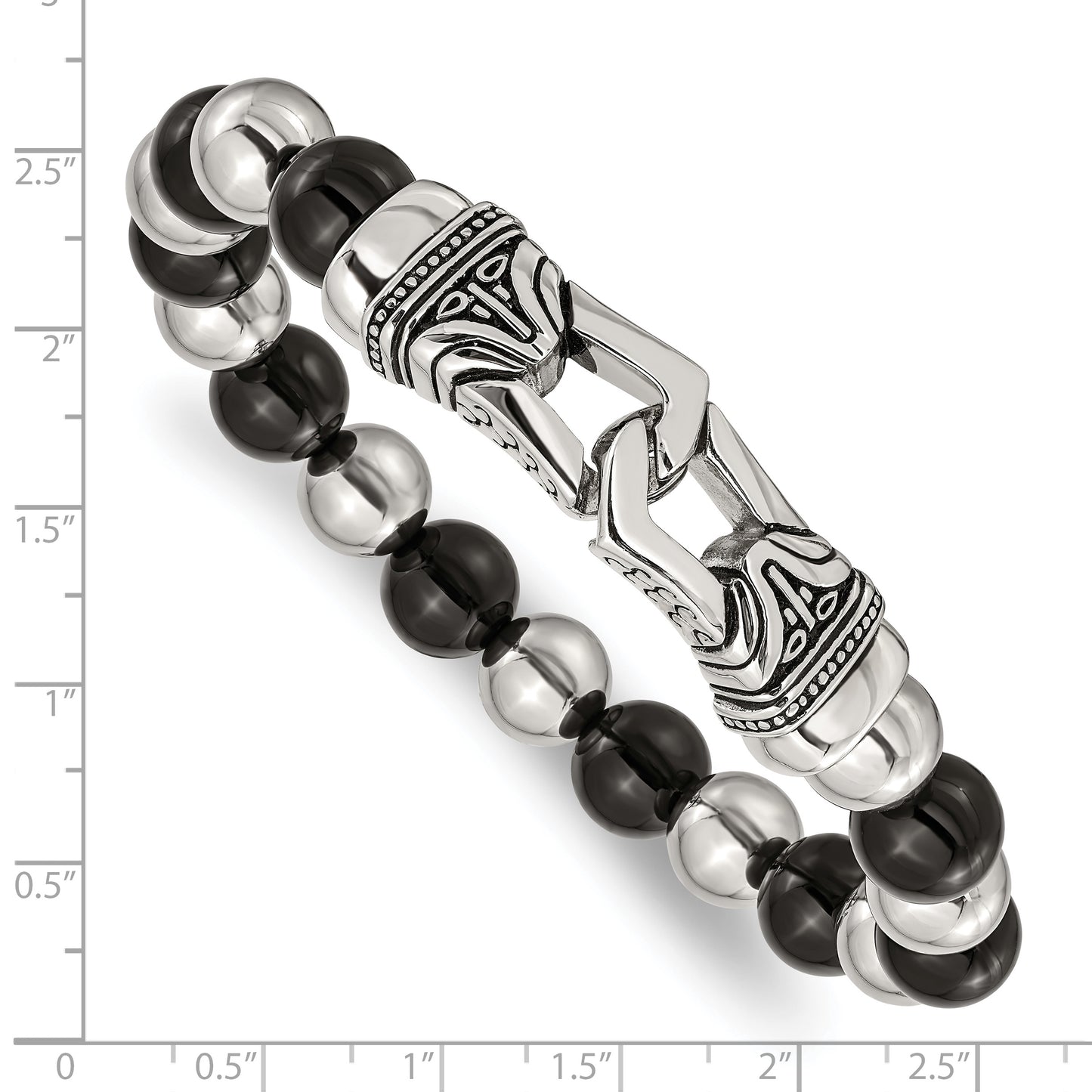 Chisel Brand Jewelry, Stainless Steel Polished Antiqued Black Agate Stretch Bracelet