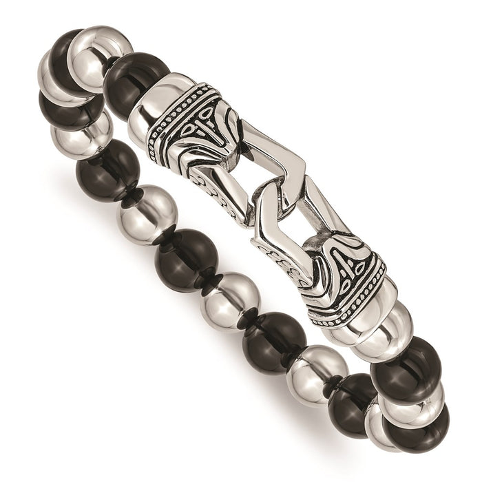 Chisel Brand Jewelry, Stainless Steel Polished Antiqued Black Agate Stretch Bracelet