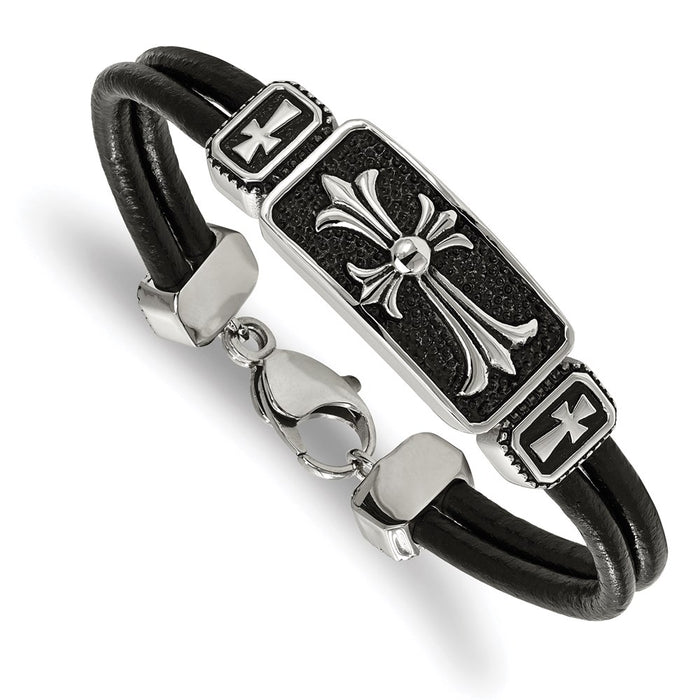 Chisel Brand Jewelry, Stainless Steel Polished Antiqued Cross Black Leather Men's Bracelet