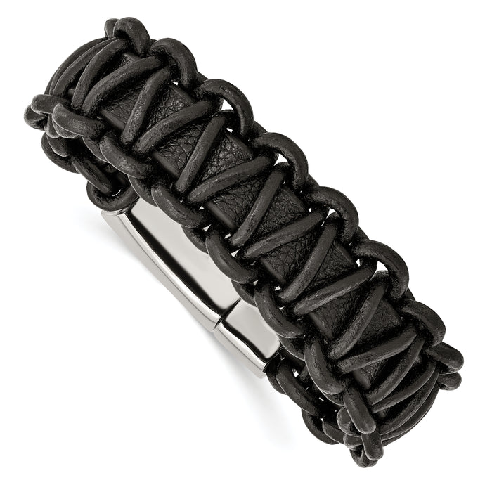 Chisel Brand Jewelry, Stainless Steel Polished Rounded Braided Black Leather Men's Bracelet