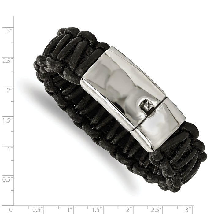 Chisel Brand Jewelry, Stainless Steel Polished Rounded Braided Black Leather Men's Bracelet