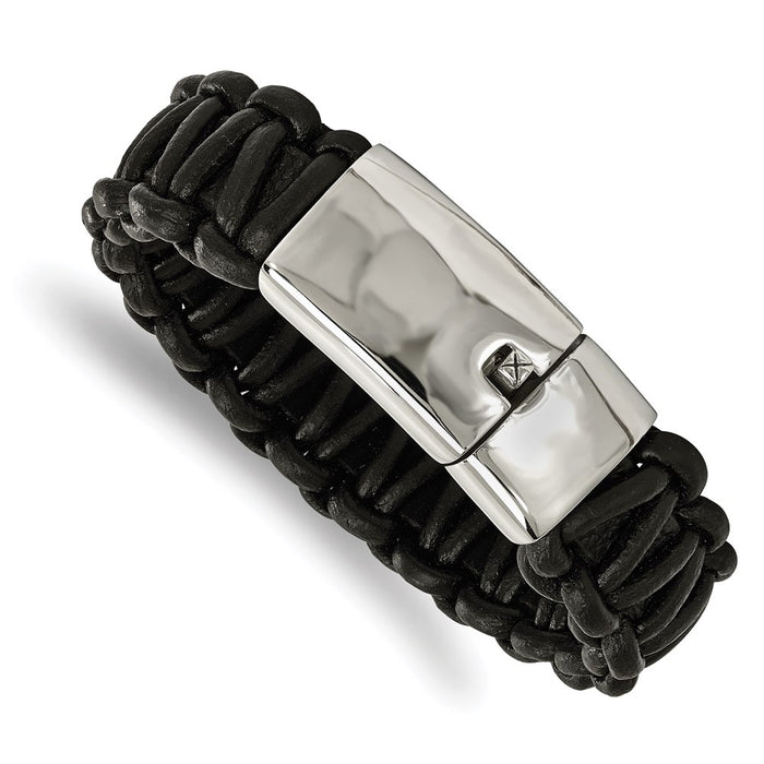 Chisel Brand Jewelry, Stainless Steel Polished Rounded Braided Black Leather Men's Bracelet