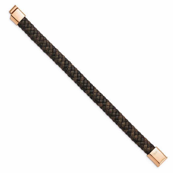 Chisel Brand Jewelry, Stainless Steel Polished Rose IP Braided Brown Leather Bracelet