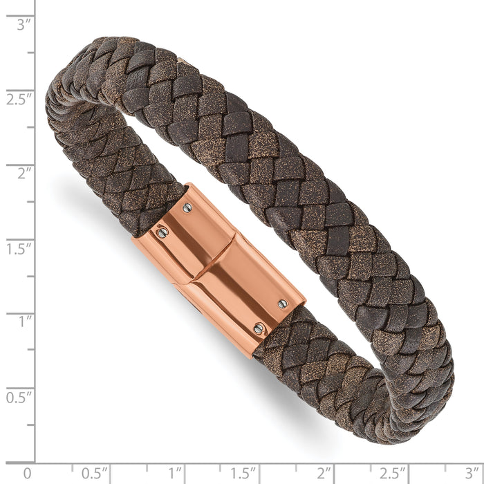 Chisel Brand Jewelry, Stainless Steel Polished Rose IP Braided Brown Leather Bracelet