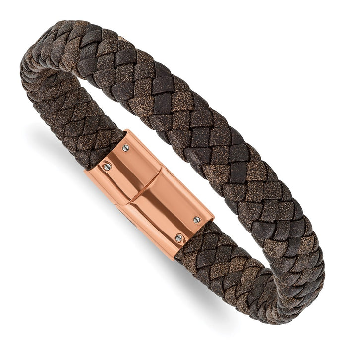 Chisel Brand Jewelry, Stainless Steel Polished Rose IP Braided Brown Leather Bracelet