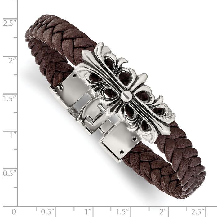 Chisel Brand Jewelry, Stainless Steel Polished Antiqued Brown Leather Filigree Bracelet