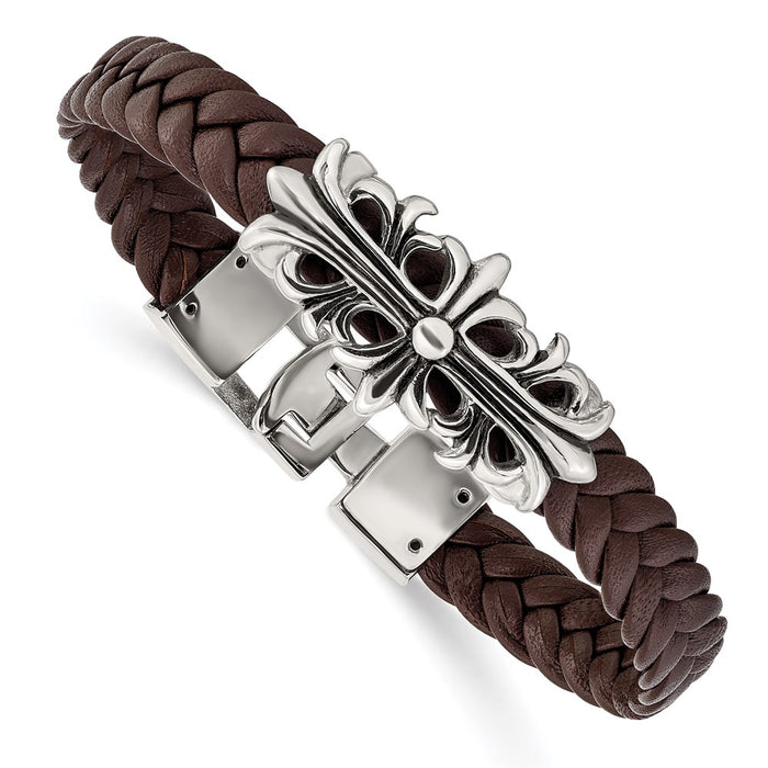 Chisel Brand Jewelry, Stainless Steel Polished Antiqued Brown Leather Filigree Bracelet