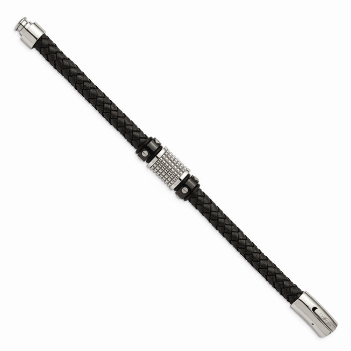 Chisel Brand Jewelry, Stainless Steel Polished Black IP Black Leather Black Rubber Men's Bracelet