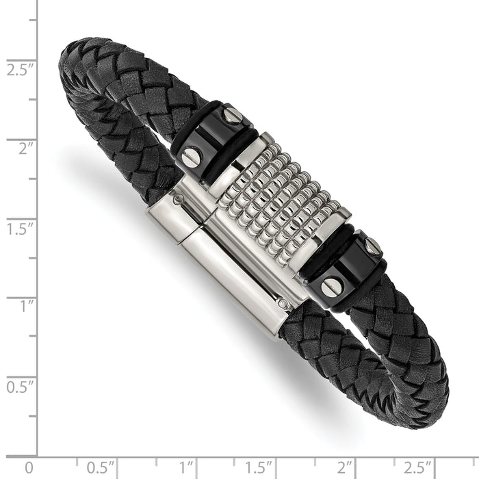 Chisel Brand Jewelry, Stainless Steel Polished Black IP Black Leather Black Rubber Men's Bracelet