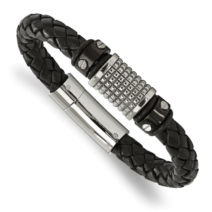 Chisel Brand Jewelry, Stainless Steel Polished Black IP Black Leather Black Rubber Men's Bracelet