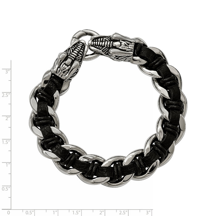 Chisel Brand Jewelry, Stainless Steel Polished Black Leather Antiqued Dragon Head Men's Bracelet
