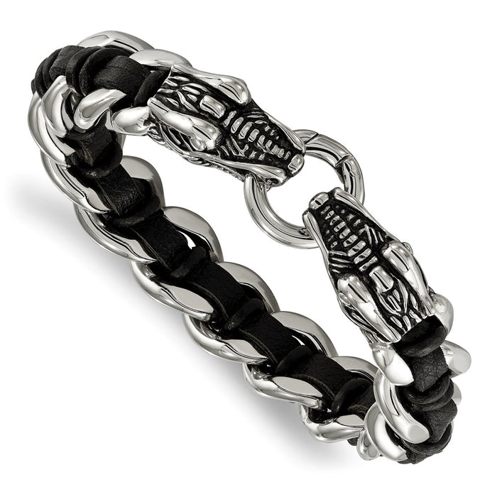 Chisel Brand Jewelry, Stainless Steel Polished Black Leather Antiqued Dragon Head Men's Bracelet