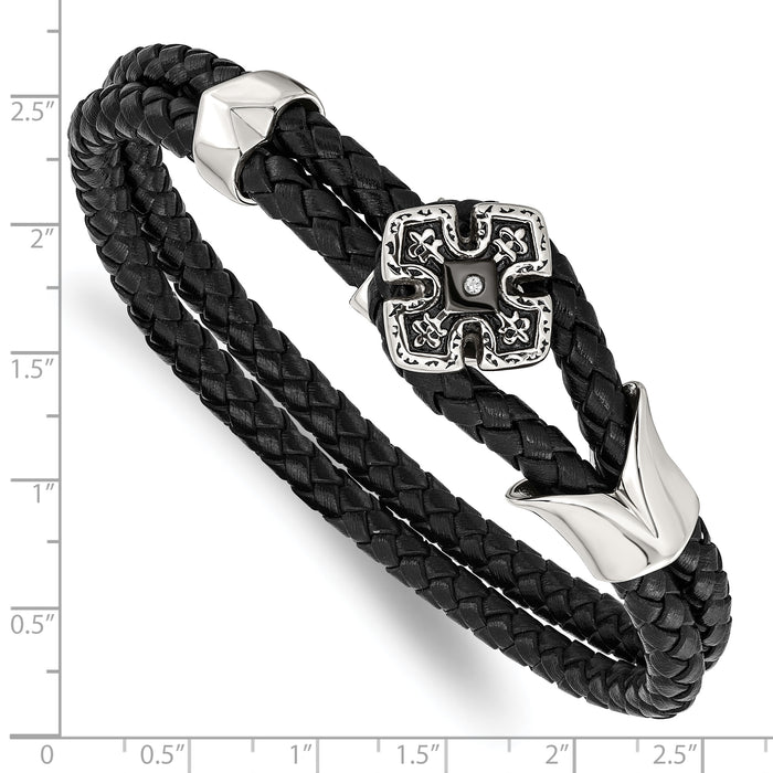 Chisel Brand Jewelry, Stainless Steel Polished Black IP Braided Black Leather CZ Bracelet