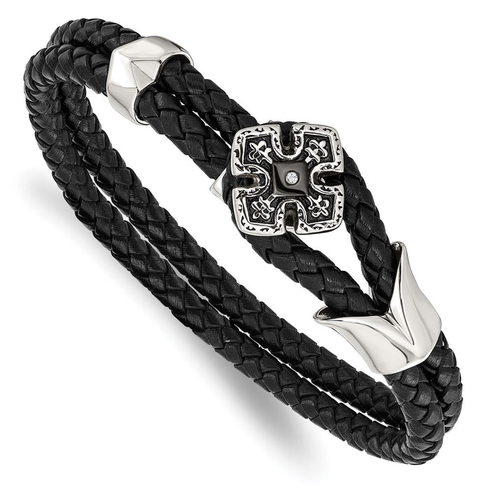 Chisel Brand Jewelry, Stainless Steel Polished Black IP Braided Black Leather CZ Bracelet