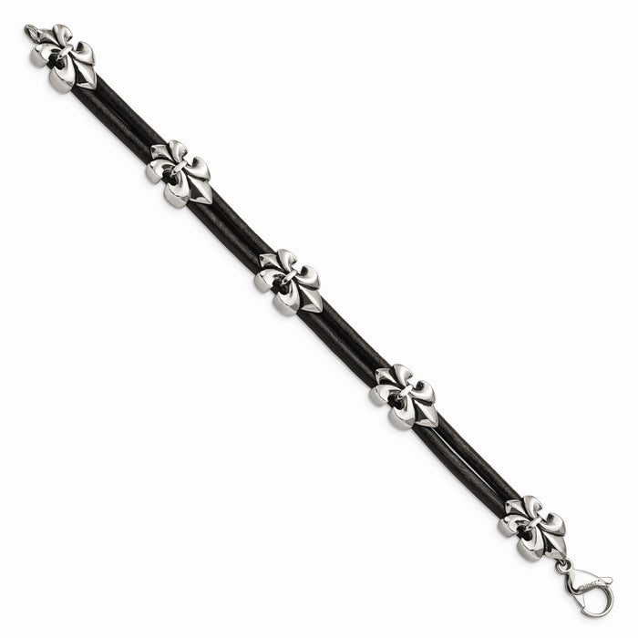 Chisel Brand Jewelry, Stainless Steel Polished Antiqued Fleur De Lis Black Leather Bracelet