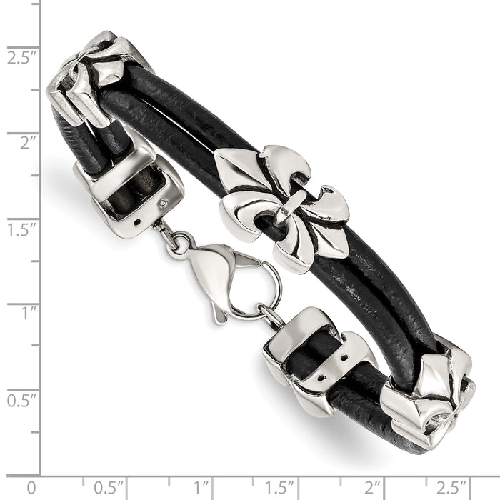 Chisel Brand Jewelry, Stainless Steel Polished Antiqued Fleur De Lis Black Leather Bracelet